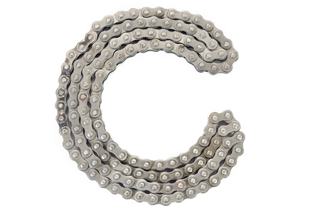 View of dirty roller chain on white background.