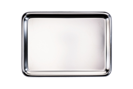 Stainless tray on white background. Top view.