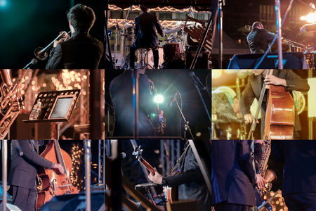 View of musician showing on stage at night.の写真素材