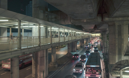 View of system transportation on the road at night. Movement.