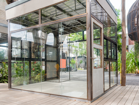 View of empty mirror room in the garden, on the unfinished. Gardening decoration.の写真素材