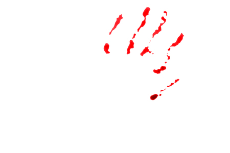 Blood handprint with copy space on white background.の写真素材