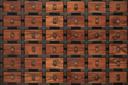 Close up of old wooden medicine cabinet on white background. Soft focus.