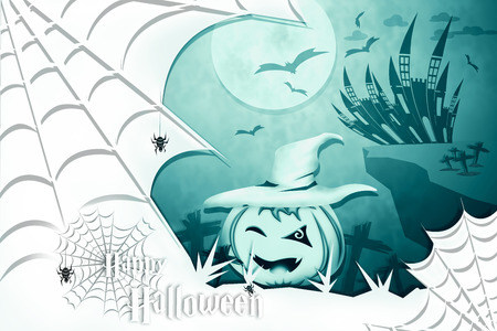 Happy Halloween, silhouette of spiderweb and pumpkin in graveyard at night with moon and castle background. Paper art style.の写真素材