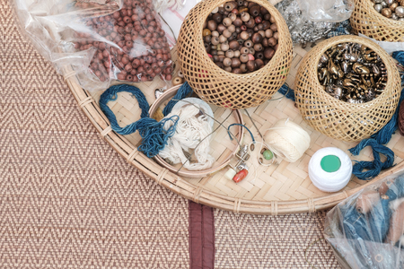 View of embroidery equipment on the mat. Top view.の写真素材