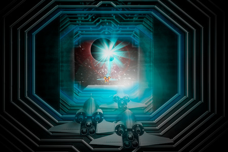 View of space station and spaceship in the space. Digital retouch.