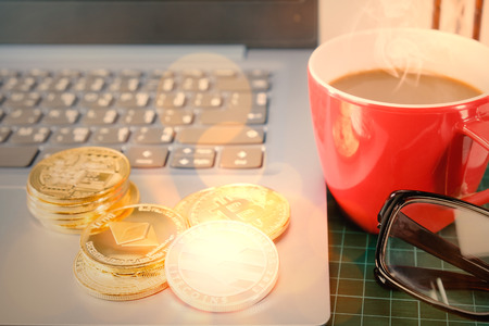 View of cryptocurrency on keyboard of computer.