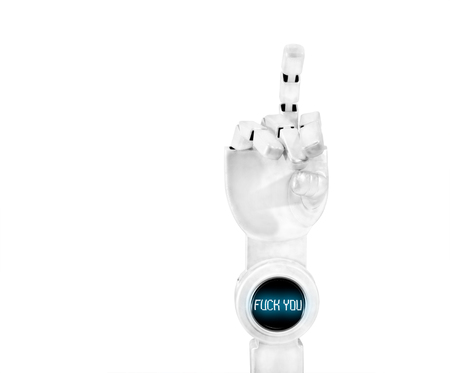 View of robot hand show middle finger on white background.の写真素材