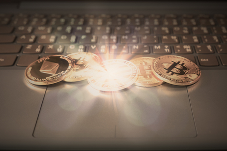 View of cryptocurrency on keyboard of computer.の写真素材
