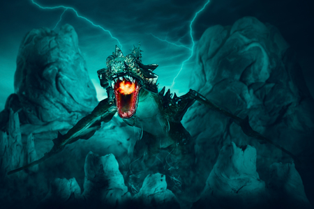 View of dragon in the mountain on twilight background. Digital retouch, Dark tone. Clay craft.の写真素材