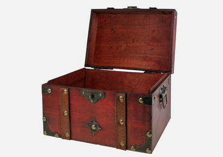 Old wooden treasure chest on white background.