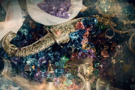 View of treasure with smoke in treasure cave. Dark tone.の写真素材