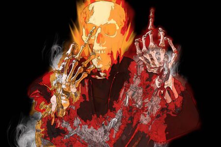 View of skeletal with fire show middle finger on dark background.  Digital paint.の写真素材