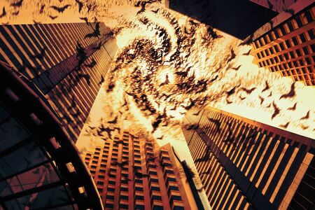 Crowd of bat on the sky in the city. Virus outbreak. Digital retouch.の写真素材