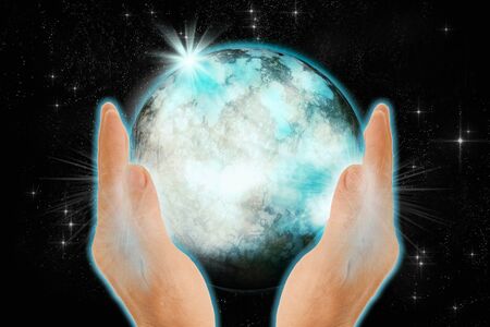 Hands holding the world on dark background. Save world concept. 3D illustration.の写真素材