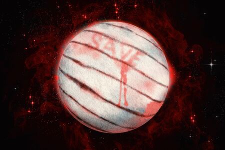 World with bandage on dark background. Effect from human. Save world concept. 3D illustration.の写真素材