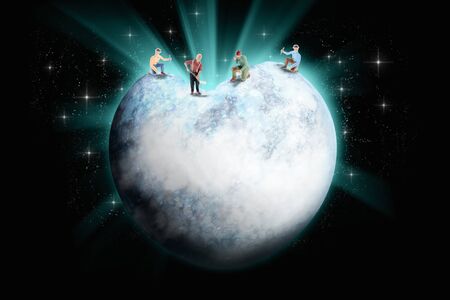 Human toys repair earth on dark background. Save world concept. 3D illustration.