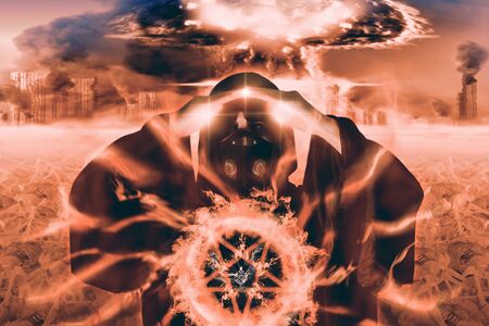 View of hooded man with mask spelling witchcraft in the smoke on burning city background. Judgment day. 3D illustration.の写真素材