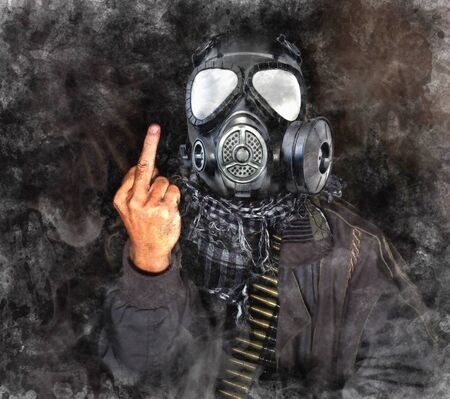 Warrior showing middle finger for you on smoke background. Digital paint. Watercolor style.の写真素材