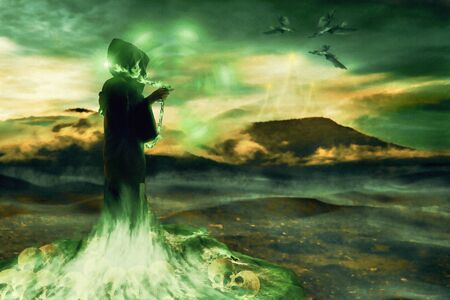 Wizard wielding chain with flame on the cliff. Digital paint. Watercolor style.の写真素材