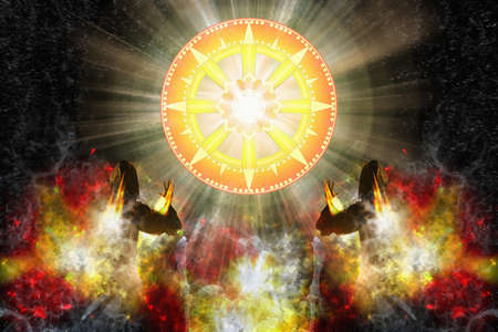 Power of wheel of truth brunt the evils on dark background. Digital paint. Watercolor style.の写真素材