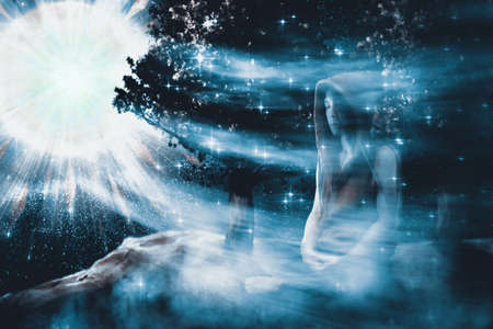 View of man meditating on the mountain at night. Digital paint. Watercolor style.の写真素材