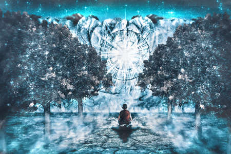 View of a man meditating in front of the cliff at night. Digital paint. Watercolor style.の写真素材