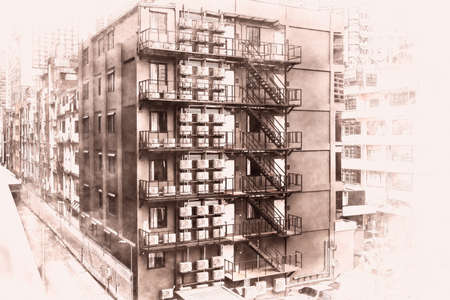 Exterior view of apartment building. Digital paint. Watercolor style.の写真素材