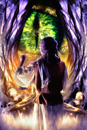 Wizards holding lamp and standing in front of dragon cave. Digital retouch. Watercolor style.の写真素材