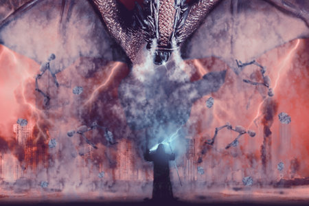 Wizard fighting the dragon on city burnt background. Digital paint. Watercolor style.の写真素材