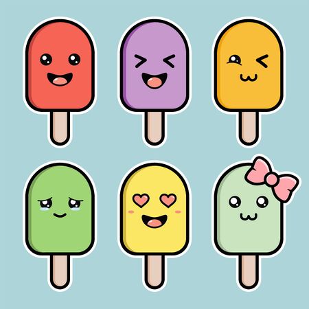 set ice cream cute character sticker vector illustration designのイラスト素材
