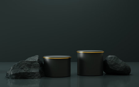 3d black podium with rock stone, pedestal, stand, exhibition stage, product presentationの写真素材