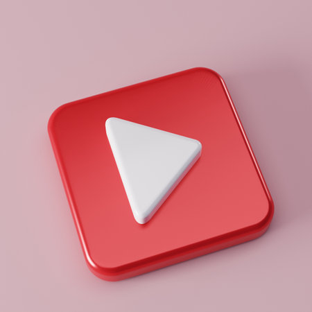 Rounded glossy red play button icon. 3d object