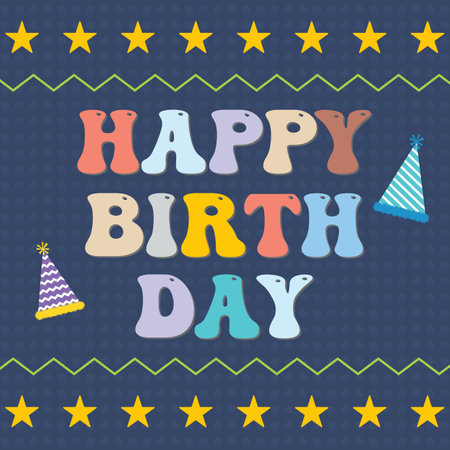 Birthday card with party hats, stars symbol, and colorful happy birthday textのイラスト素材