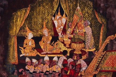 Traditional Thai art on a wall at the  temple, Thailandの写真素材