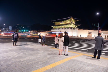 Korea,Gyeongbokgung palace at night in Seoul, South Korea.のeditorial素材