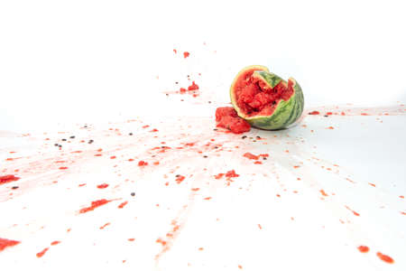 broken watermelon on white background.の写真素材