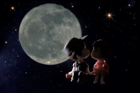 Close up of mini couple dolls in romantic kissの写真素材