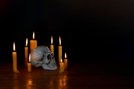 Skulls with Candle flame at night on black background.Halloween day concept.の写真素材