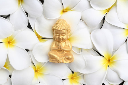 A small Buddha statue has frangipani flowers in the background.の写真素材