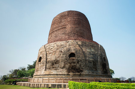 Saranath, Bihar, India-Dhamekh Stupa, where the Buddha gave the first sermon to five Brahmin disciples after enlightenment.の写真素材