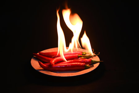 Red hot chili peppers with flame  on a  plate isolated on a white backgroundの写真素材