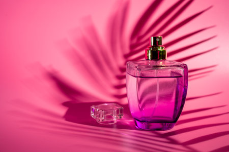 Bottle of perfume with flowers on color backgroundの写真素材