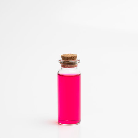 Flask with red liquid on white backgroundの写真素材