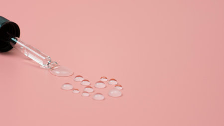 Drops of transparent liquid are squeezed out of a pipette on a beige backgroundの写真素材