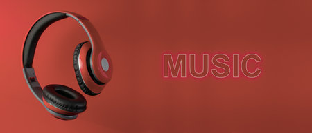 Red headphones on a red backgroundの写真素材