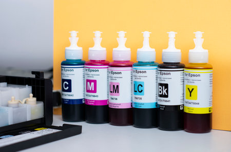 Colored ink for refilling inkjet cartridges in bottles. Colors used in a color printerの写真素材
