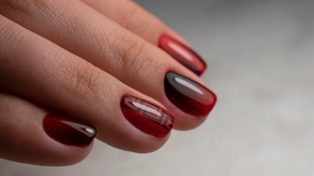 Red nails. design of nails on a light background. Red nails. female manicureの写真素材