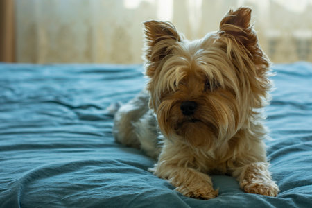 Yorkshire Terrier lies on a blue blanketの写真素材