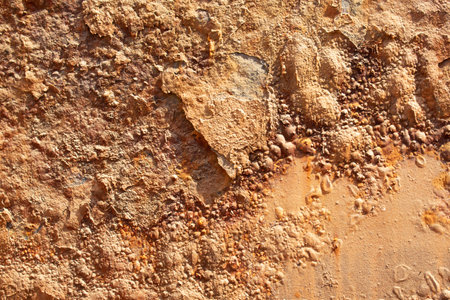 Rust of metals.Corrosive Rust on old iron with a hole. Rusted orange painted metal wall.